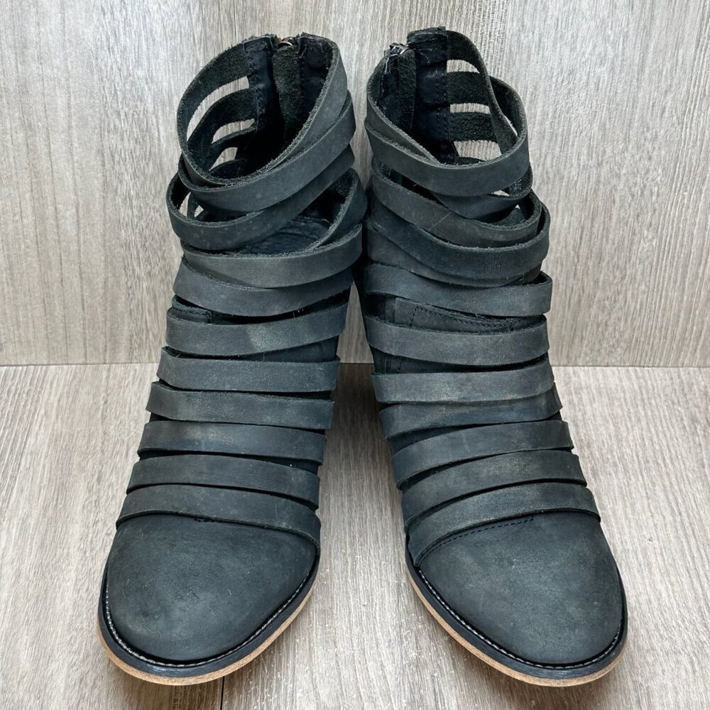 Free People Hybrid Ankle Booties Womens 39 Strappy Leather Zip Block Heel Black - Picture 4 of 12